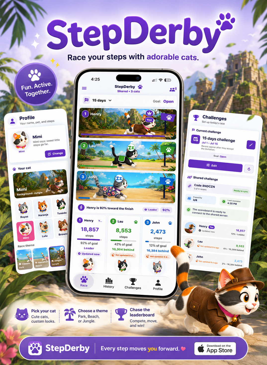 StepDerby poster showing cat racers, app previews, and walking race features