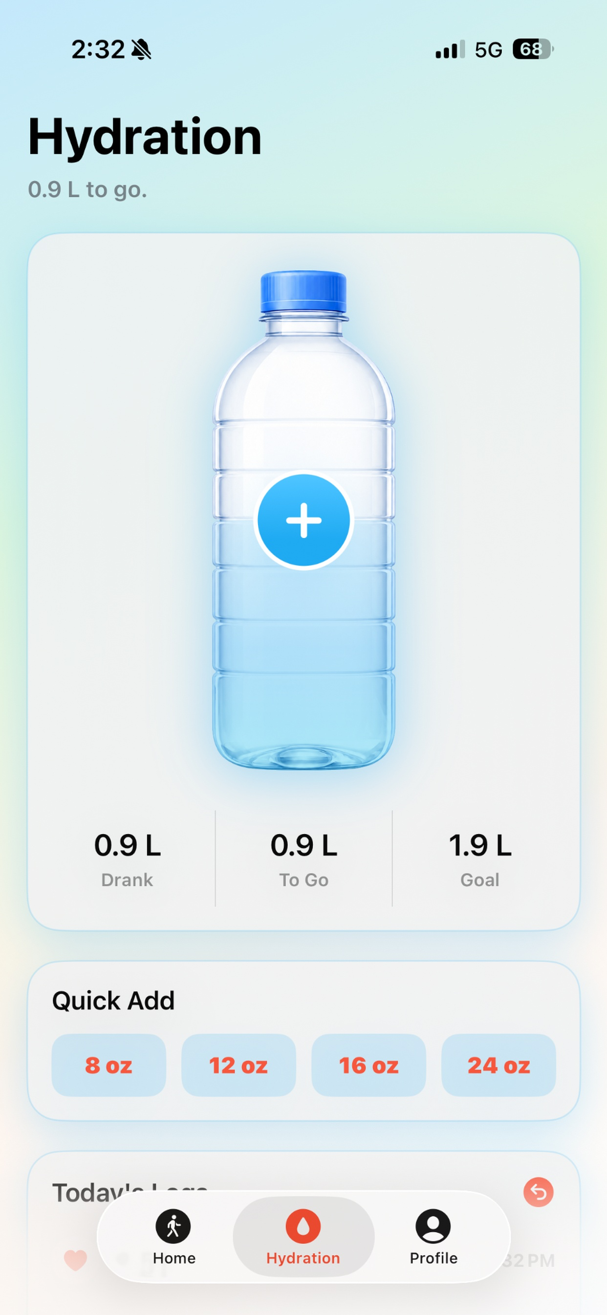 GlowWalk Lite hydration screen with water bottle progress