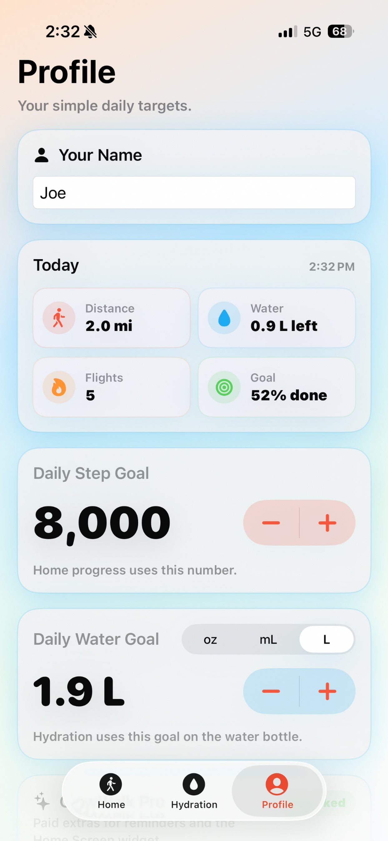 GlowWalk Lite profile screen with daily targets