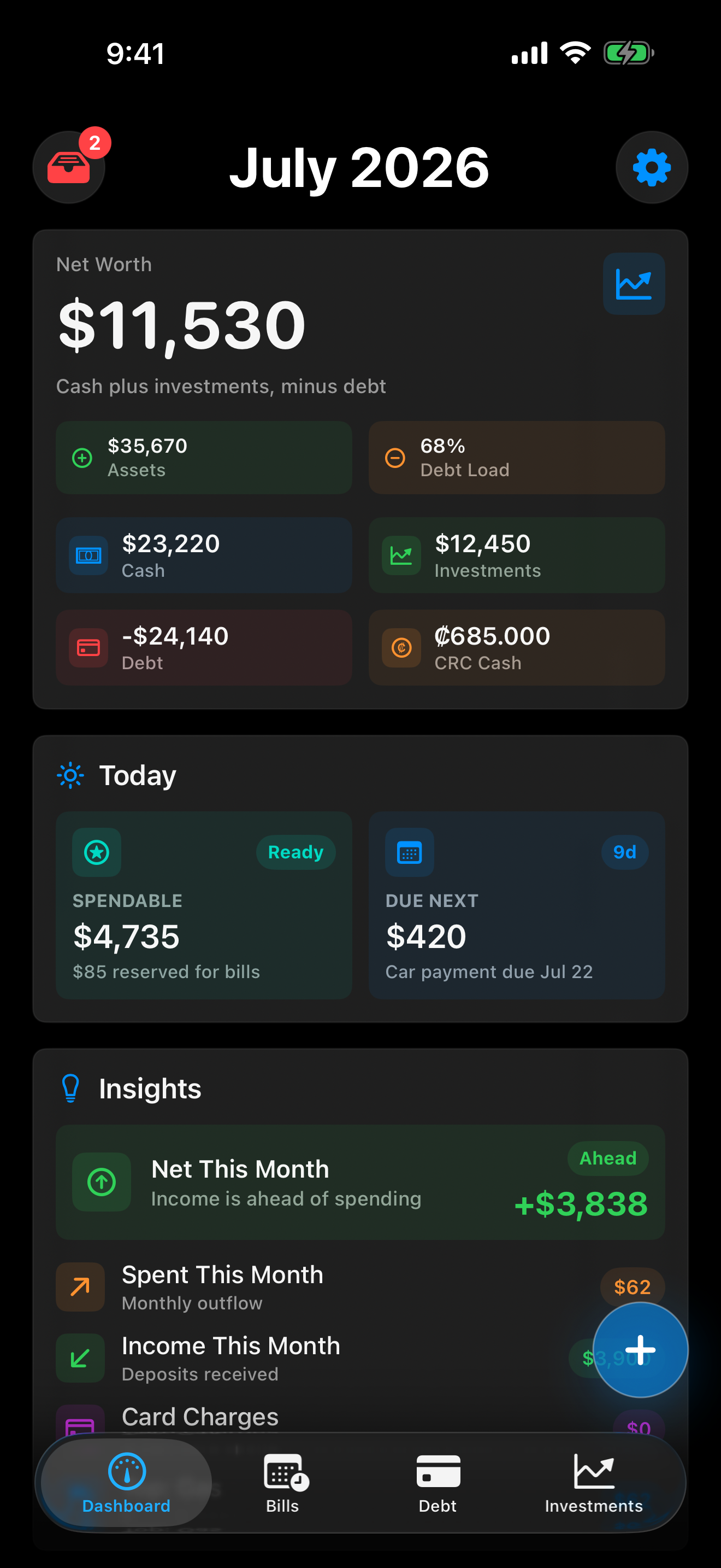 meMoney iPhone companion daily overview showing net worth, spendable cash, bills, and insights