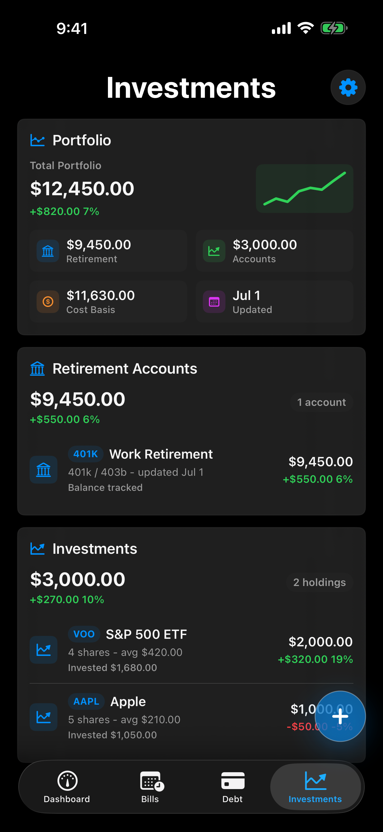 iPhone companion investments screen