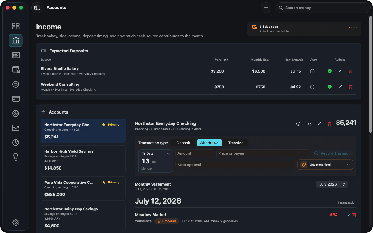 meMoney accounts and ledger screen on Mac