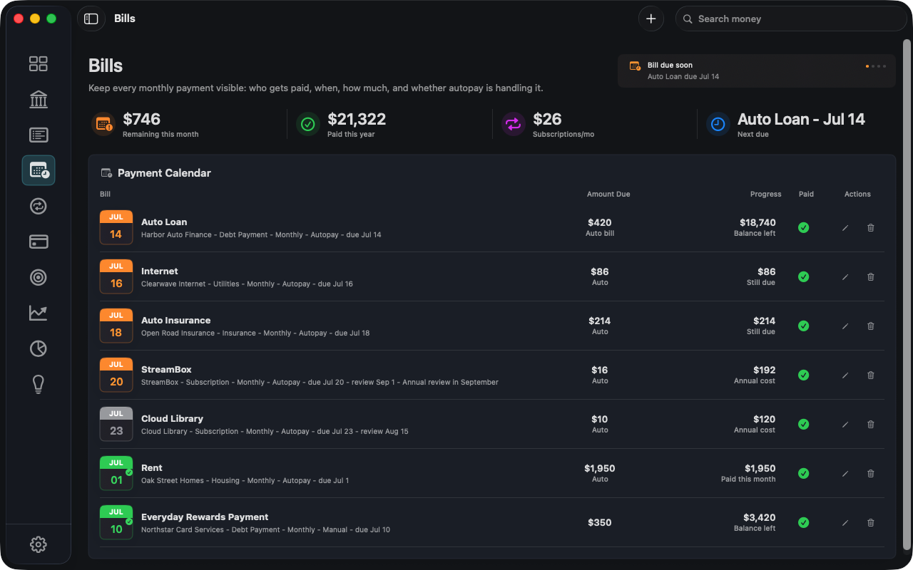 Bills and subscriptions in meMoney