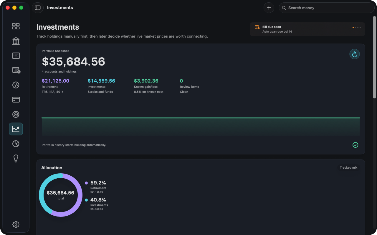 Investments and retirement tracking in meMoney