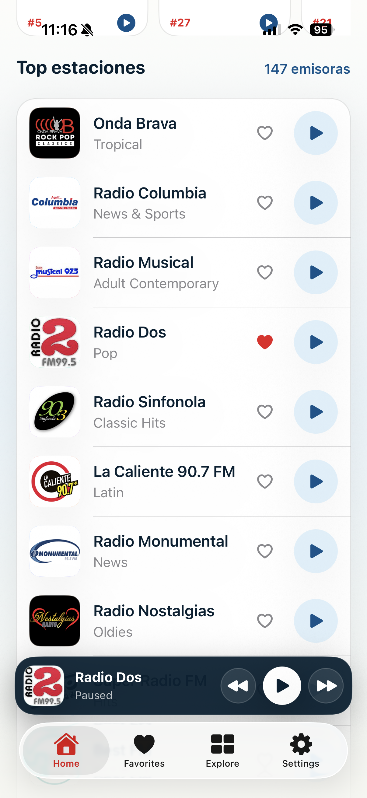 Top stations list with favorite and play controls