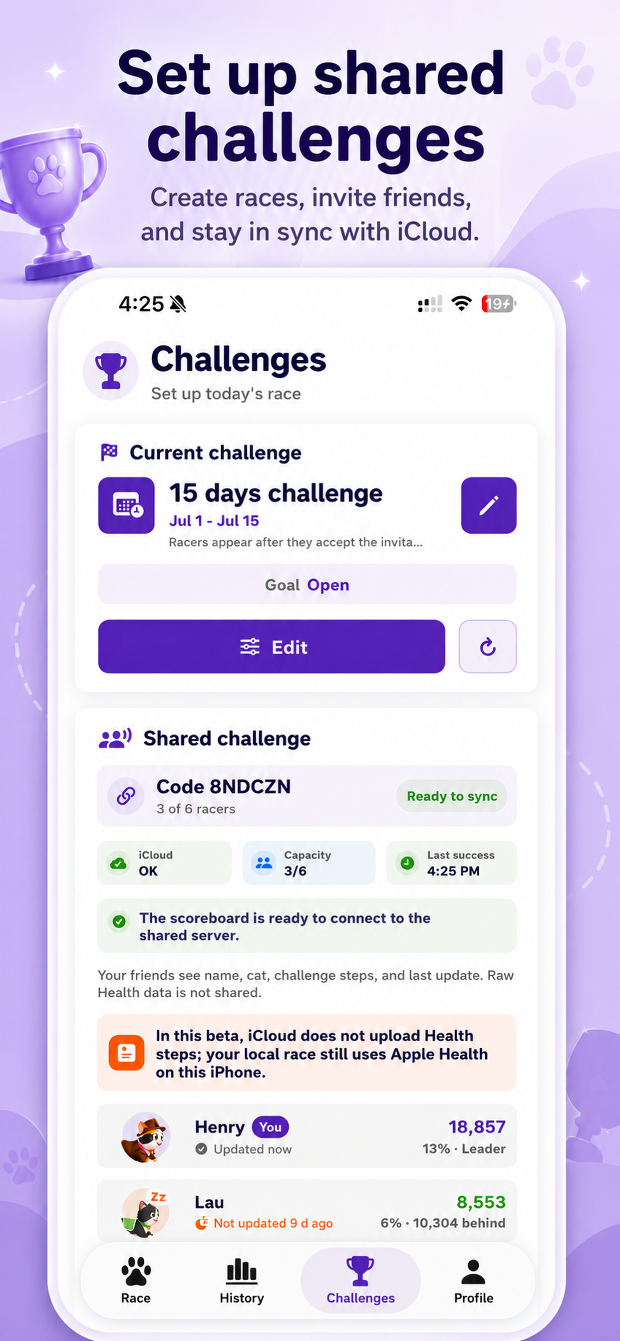 Challenges screen for setting up shared races