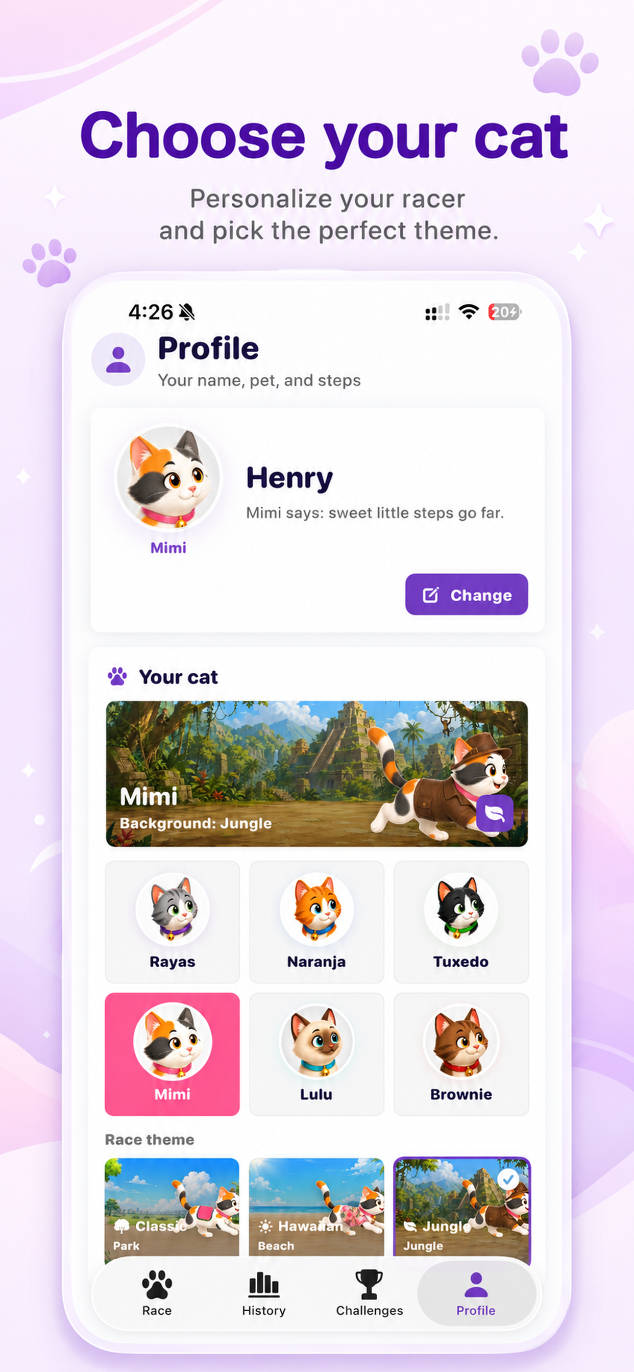 StepDerby profile screen for choosing a cat and theme