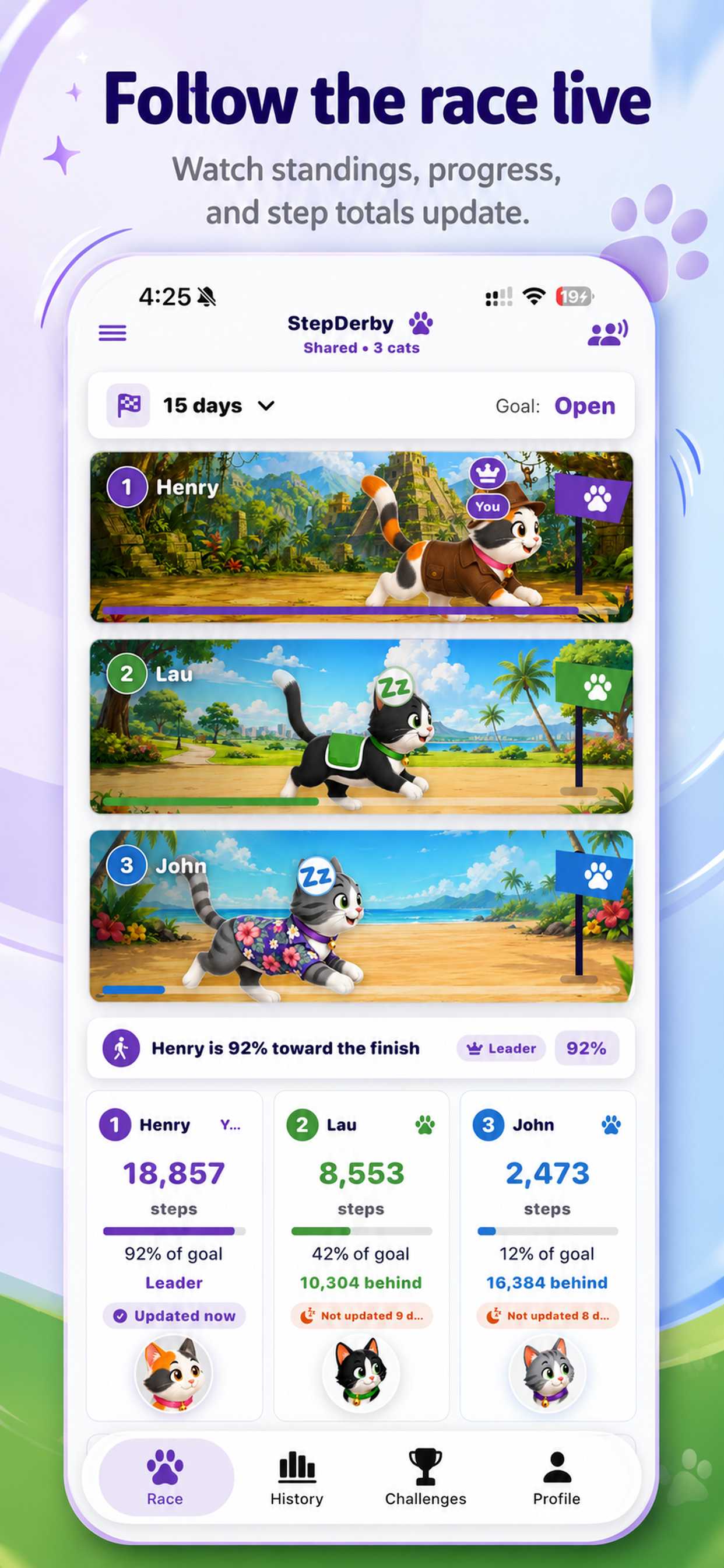 StepDerby race screen with cat racers and step totals